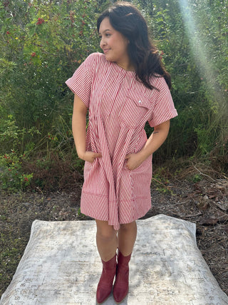 Star Drop Red Stripe Short Twill Swing Dress