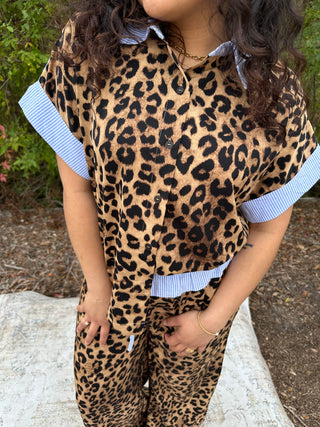 Oddi Leopard & Blue Oxford Stripe Top and Wide Leg Pant Set