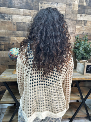 Alternate view of POL Latte Crochet & Ivory Trim Cardigan Top
