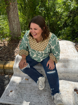 Umgee Green Mix Fabric Yoke Top