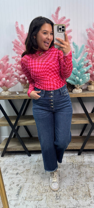 Davi & Dani Red & Pink Checker Board Mesh Layering Top