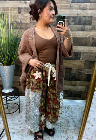 POL Dusty Red & Green Floral  Patchwork Jogger w/ Crochet Detail