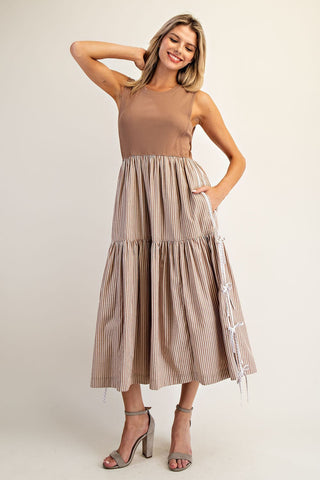 ee:some Coco Midi Dress w/ Ribbed Knit Bodice & Striped Skirt