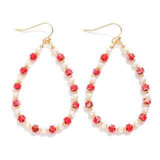 Red Pearl & Gold Bead Teardrop Earrings
