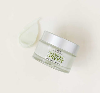 Fields of Green Matcha Moisturizer 1.7oz by FHF in glass jar with green label, perfect for hydrating and soothing skin.