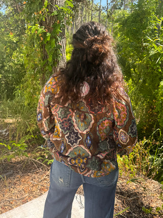 Umgee Brown Mandala Mix Button Down Top