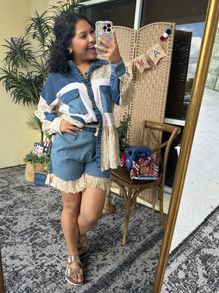 Alternate view of Young Threads Choosin' Texas Denim & Ivory Patchwork Top
