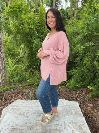 Fantastic Fawn Mauve Knit Rib Loose Fit Split Neck Top