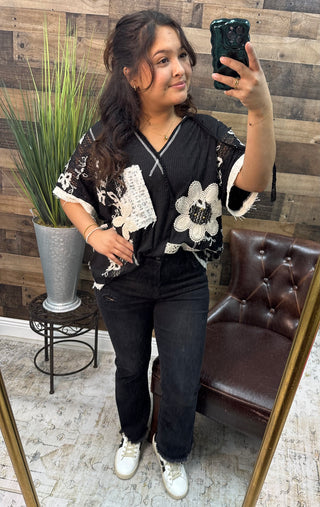 POL Black Ribbed Ivory Crochet Detail Hoodie Top