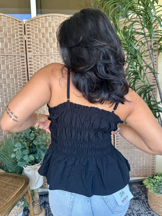 Alternate view of Black Linen Blend Wide Smocked Layering Top
