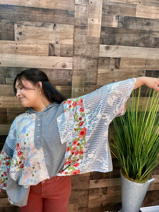 POL Heather Gray Half Placket Mixed Fabric Boxy Top Oversized