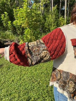 POL Vintage Shacket Top Deep Brick & Oatmeal w/ Pearl Accents