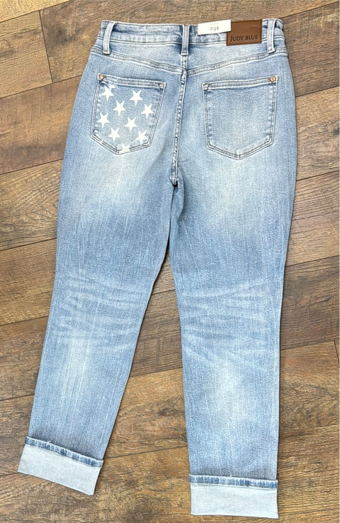 FINAL SALE Judy Blue 88723 MR Americana Pocket Cuff Boyfriend Jean - The Gypsy Belle Boutique