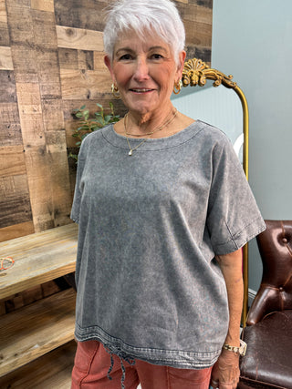 Charcoal gray mineral wash boxy tee with short sleeves and crew neckline.
