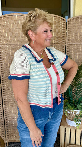 Alternate view of Prep in Your Step Blue Striped Cardigan Sweater
