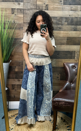 POL Denim & Leopard Wide Leg Ruffle Hem Pants