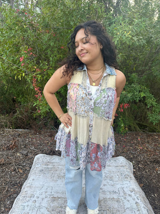 Alternate view of Boho Chic Latte Delight Patchwork Button Down Sleeveless Top Curvy
