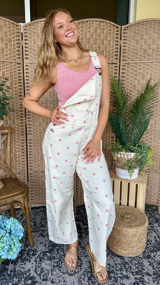 Alternate view of Peach Love Cream & Lt Pink Polka Dot Overalls
