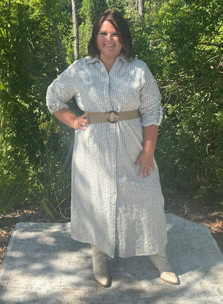 Blue striped midi dress with delicate embroidery and a flattering silhouette