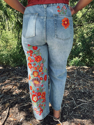 Alt text: "Oli & Hali Med Wash Relaxed Fit Straight Leg Jeans with Red Floral Embroidery
