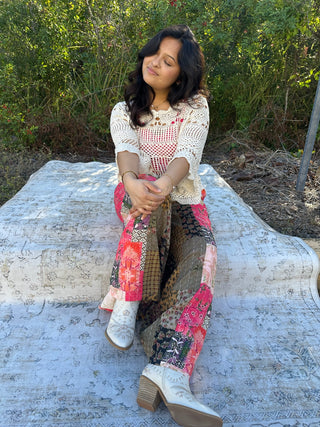 POL Pink Patchwork Boho Pants w/ Contrast Thread