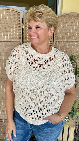 Alternate view of Vacay Ready Open Weave Oatmeal Sweater Top
