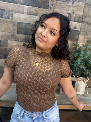 Easel BROWN Textured Mesh Short Sleeve Layering Top