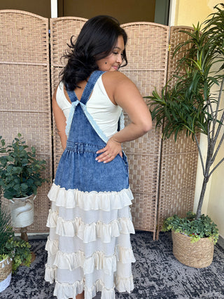 Alternate view of Wanna Be Her Denim Ruffle Overall Dress
