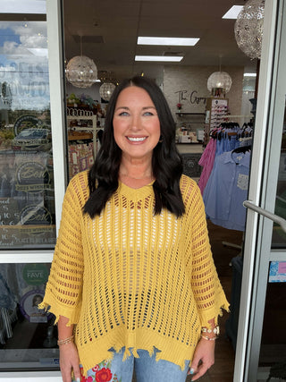 Stylish open weave loose fit distressed sweater top in two colors, perfect for trendy, comfortable fashion.
