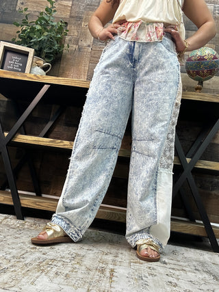 Alternate view of POL Acid Wash Denim, Lace & Stripe Barrel Leg
