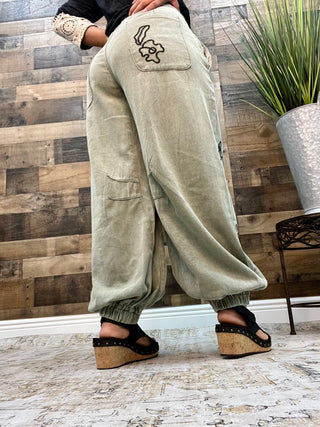 POL Olive Green Button Front Jogger w/ Black Embroidery
