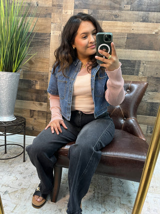 Cozy Co Rhinestone Washed Denim Short Sleeve Shrug Top