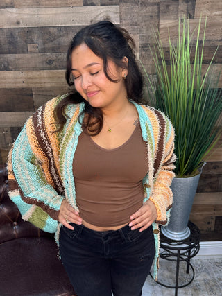Easel Aqua Peach Multi Stripe Fringe Cardigan Sweater