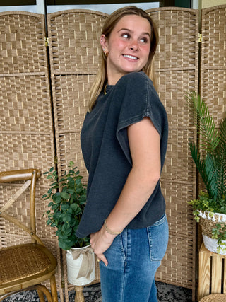 Alternate view of Easel Plain Jane BLACK Drop Shoulder Top OVERSIZED

