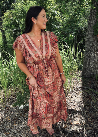 Polagram Terracotta Dream Floral Patchwork Ruffle Sleeve Midi Dress