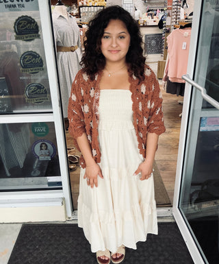 POL Brick Latte Chenille Crochet Cardigan Shrug