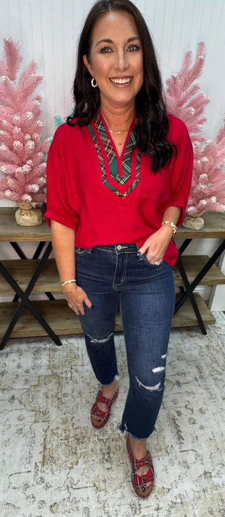 Entro Red Dolman Top w/ Plaid Detail