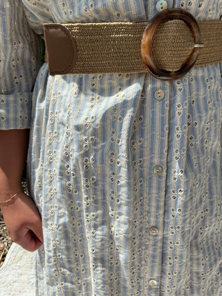 Blue striped midi dress with delicate embroidery and a flattering silhouette
