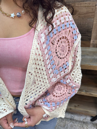 POL IVORY & PINK 3/4 Slv Cardigan Granny Square Crochet Sweater Top