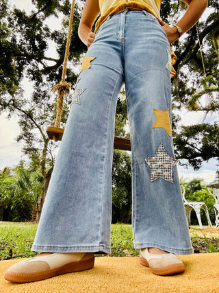 Easel Gold Star Washed Denim Patchwork Pants

