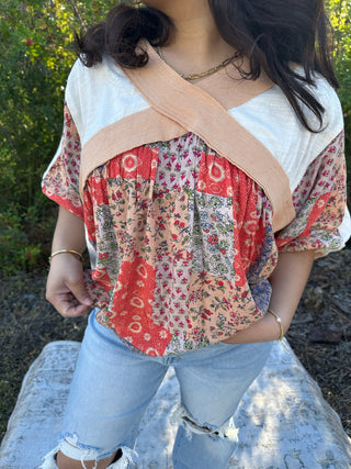 Oli & Hali APRICOT Criss Cross Ribbed Patchwork Top