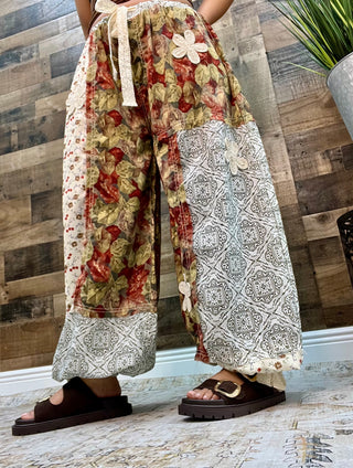 POL Dusty Red & Green Floral  Patchwork Jogger w/ Crochet Detail