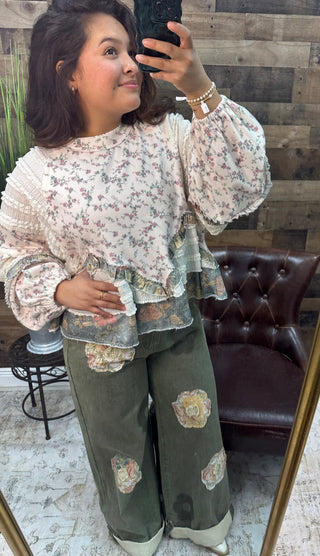 POL Olive Floral Patchwork Accent Wide Leg Cuff Pants