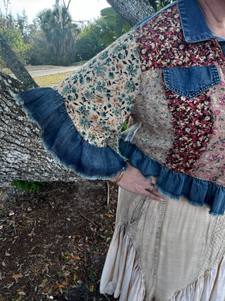 Alternate view of Young Threads Latte Patchwork & Denim Ruffle Hem Crop Jacket Top
