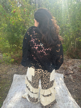 POL Black Boho Crochet Chenille Knit Top w/ Scallop Hem & Flare Sleeves