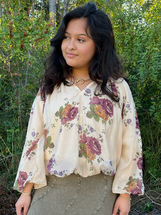 Entro Ecru & Wine Floral Long Slv Bubble Hem Top