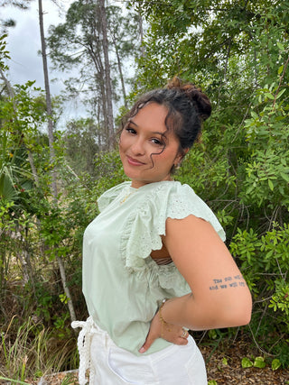Alternate view of Green Eyelet Flutter Sleeve Top

