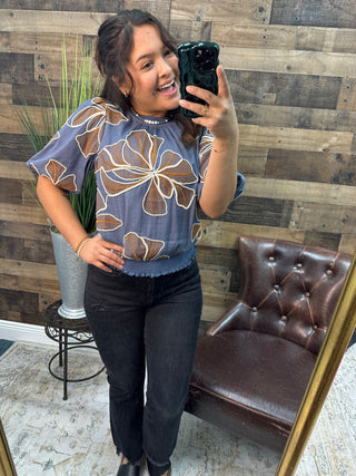 Blue Floral Embroidery Top w/ Lettuce Edge Hem