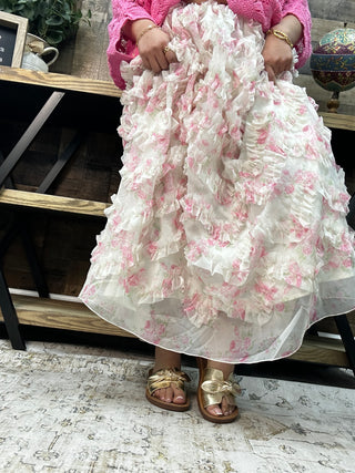 Alternate view of Peach Love Pink Floral Printed Ruffle Detailed Organza Maxi Skirt
