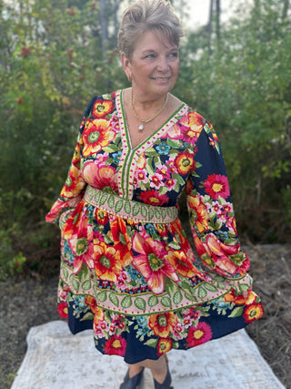 Oddi Navy Floral Border Printed Dress w/ Smocked Waist & Balloon Sleeves